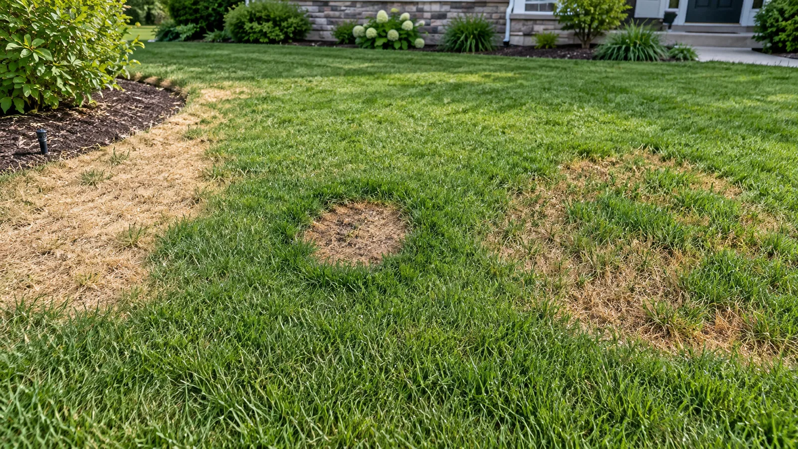 Conceptual lawn illustration showing contrasting irregular dry areas, a small spot, and a wetter area