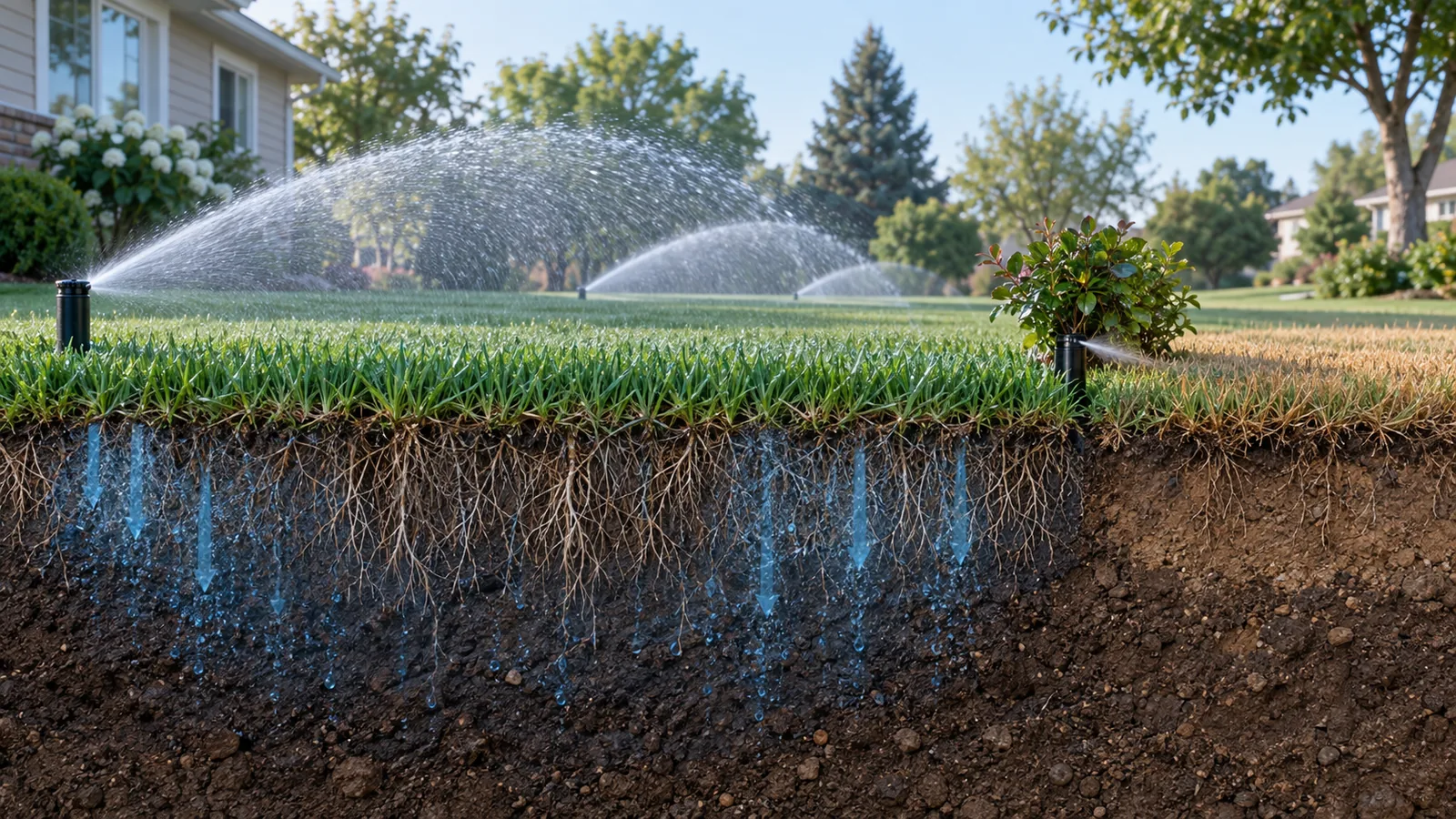 Conceptual illustration of a lawn sprinkler operating in morning light with water reaching turf and soil