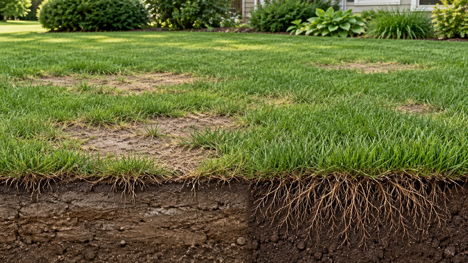 Illustration of thin lawn patches beside healthy turf, with shorter roots below the damaged area
