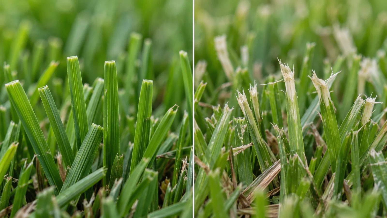 Side-by-side conceptual comparison of clean-cut grass tips and frayed, torn grass tips