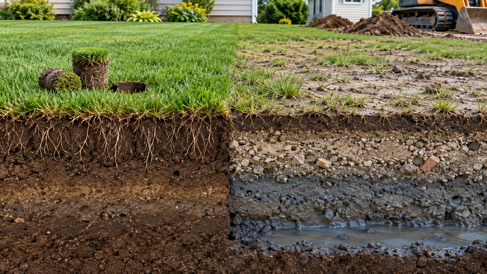 Conceptual comparison of turf above a usable root zone and turf above a shallow compacted layer